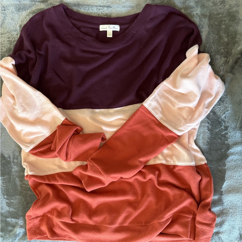 Nine Britton Colorblock Purple, Pink, Orange Long Sleeve lightweight sweater.